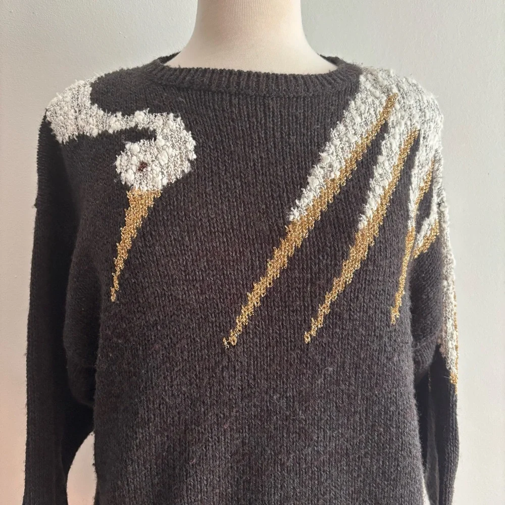 Vintage 1980s White Bird on Charcoal Wool Blend & Lurex Sweater / M - Picture 3 of 10